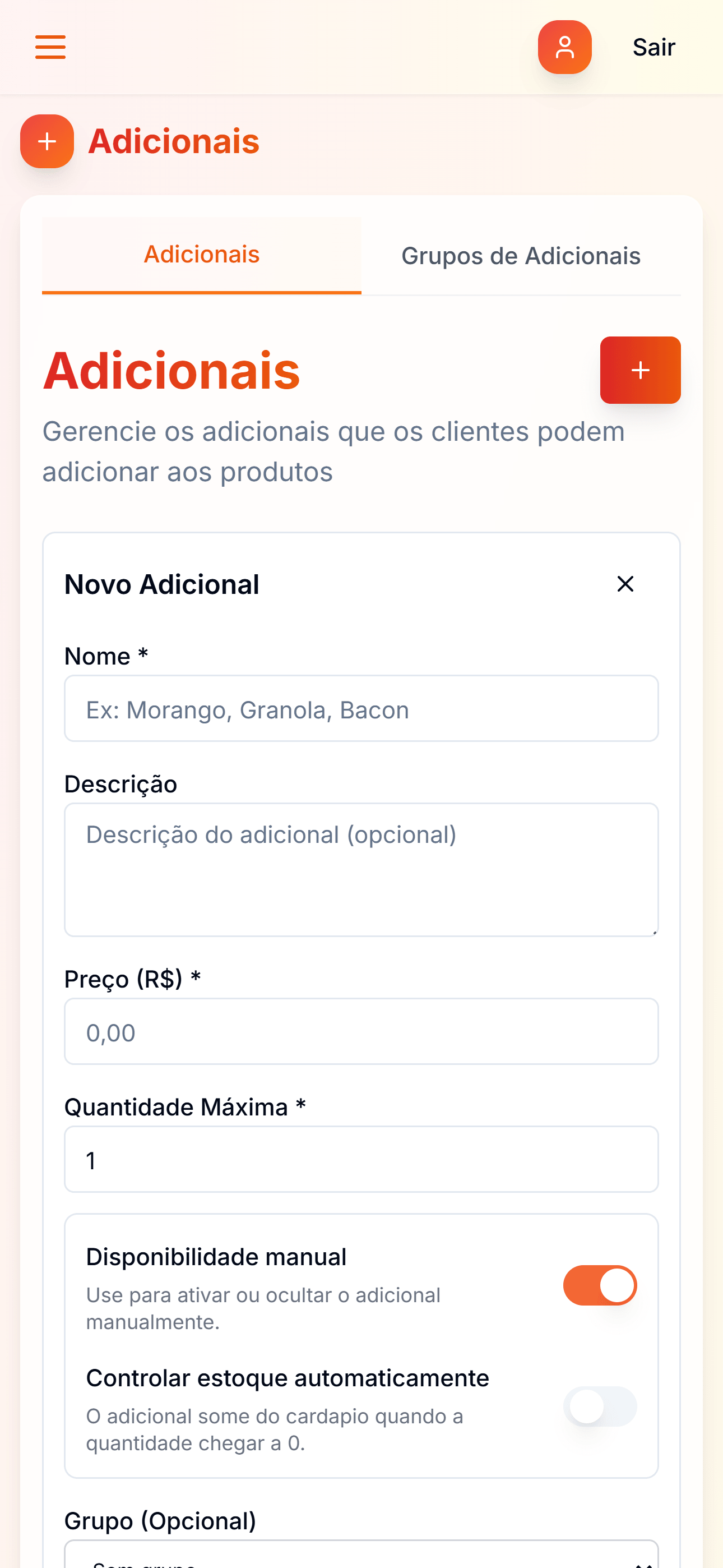 Tela de gerenciamento de adicionais
