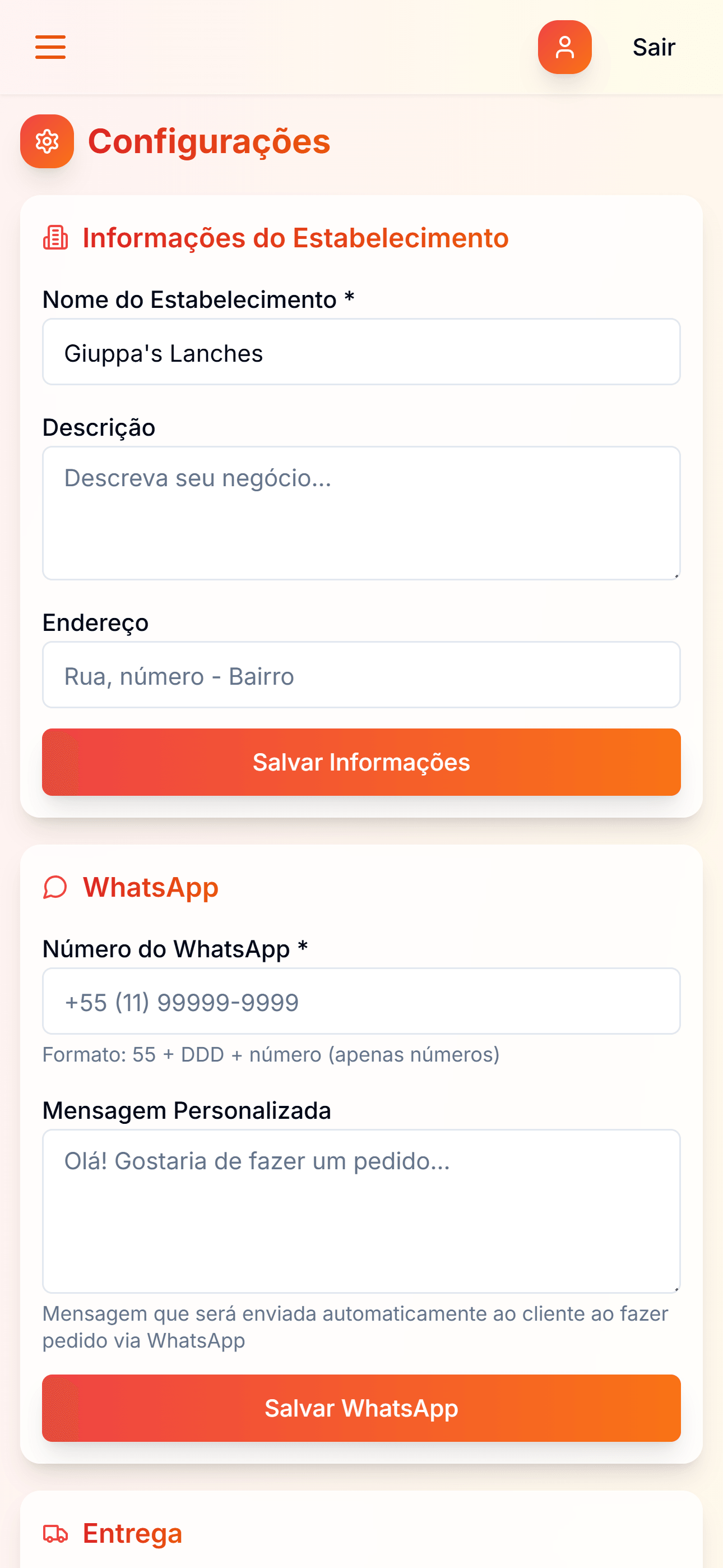 Tela de configurações do estabelecimento