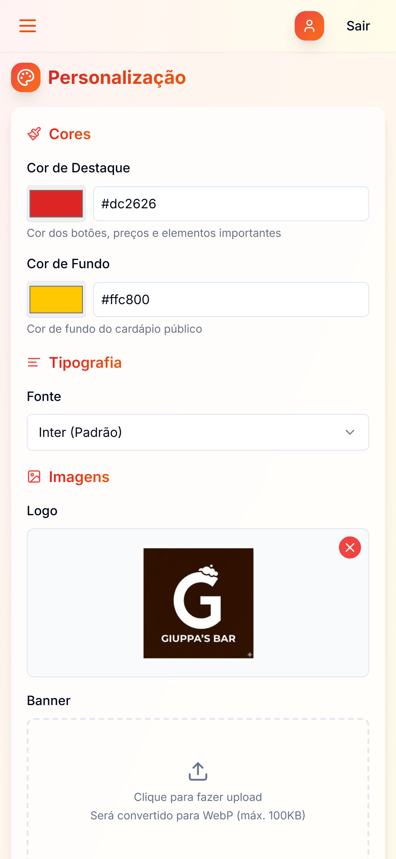 Página de personalização do cardápio