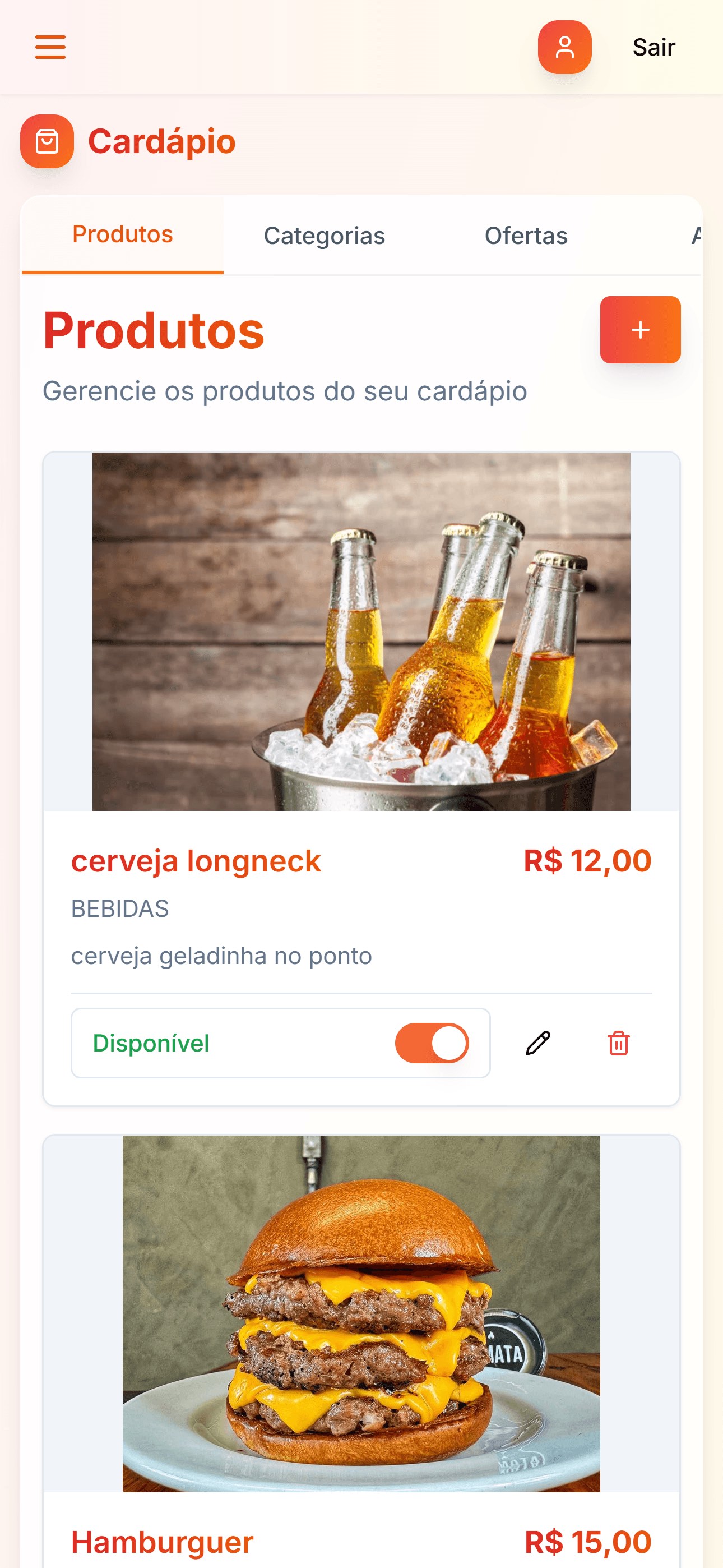 Tela de gerenciamento de produtos